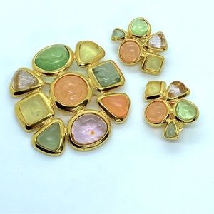 Vintage Joan Rivers Jelly Gripoix Style Pastel Maltese Cross Brooch Earr…